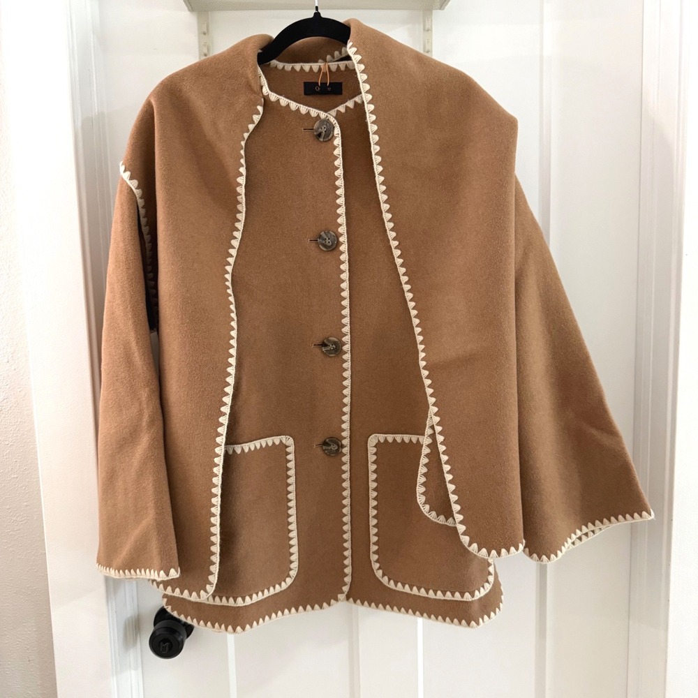 Quince Double-Faced Merino Wool Scarf Coat Caramel Brown S NWT Cozy Quiet Luxury
